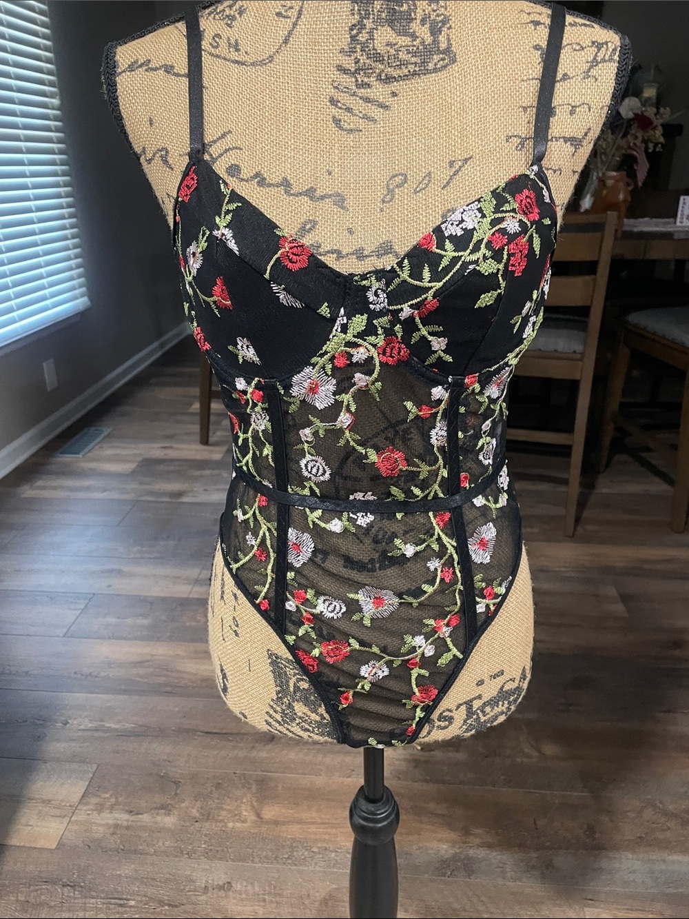 SHEIN Black Mesh Floral Embroidered Bodysuit with Red & White Roses